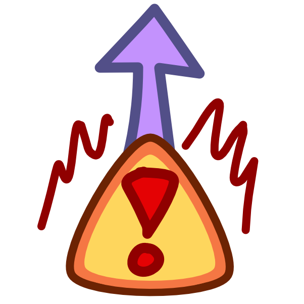 A yellow warning sign with emphasis lines above it has a purple arrow pointing up from it. The image has dark line art
